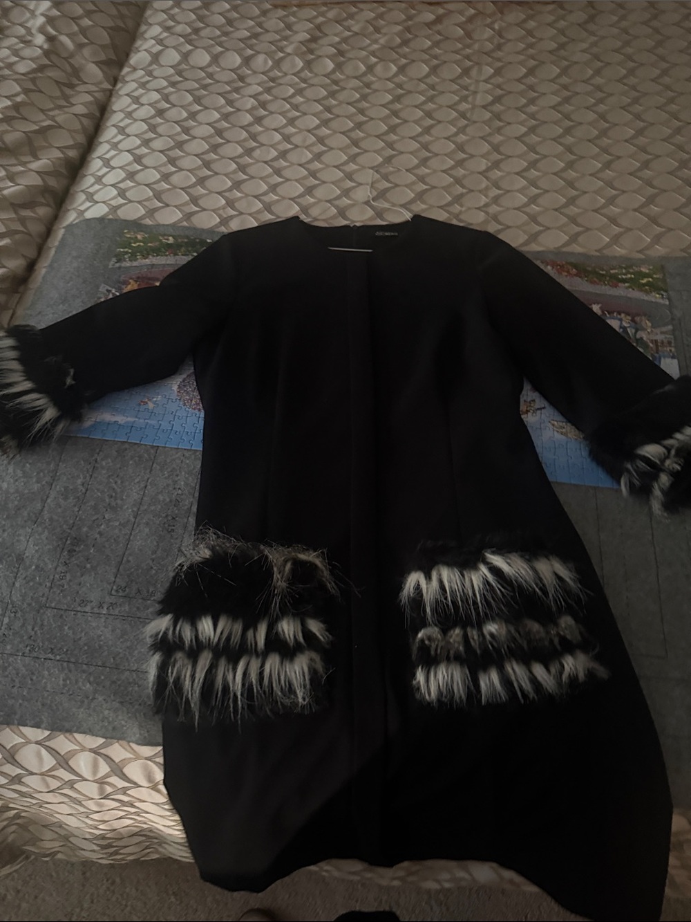 Black Long-Sleeve Dress Coat with Faux Fur Trim